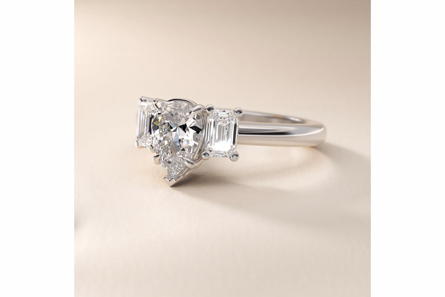 Three stone pear diamond ring white gold second view — Blue Nile three stone settings