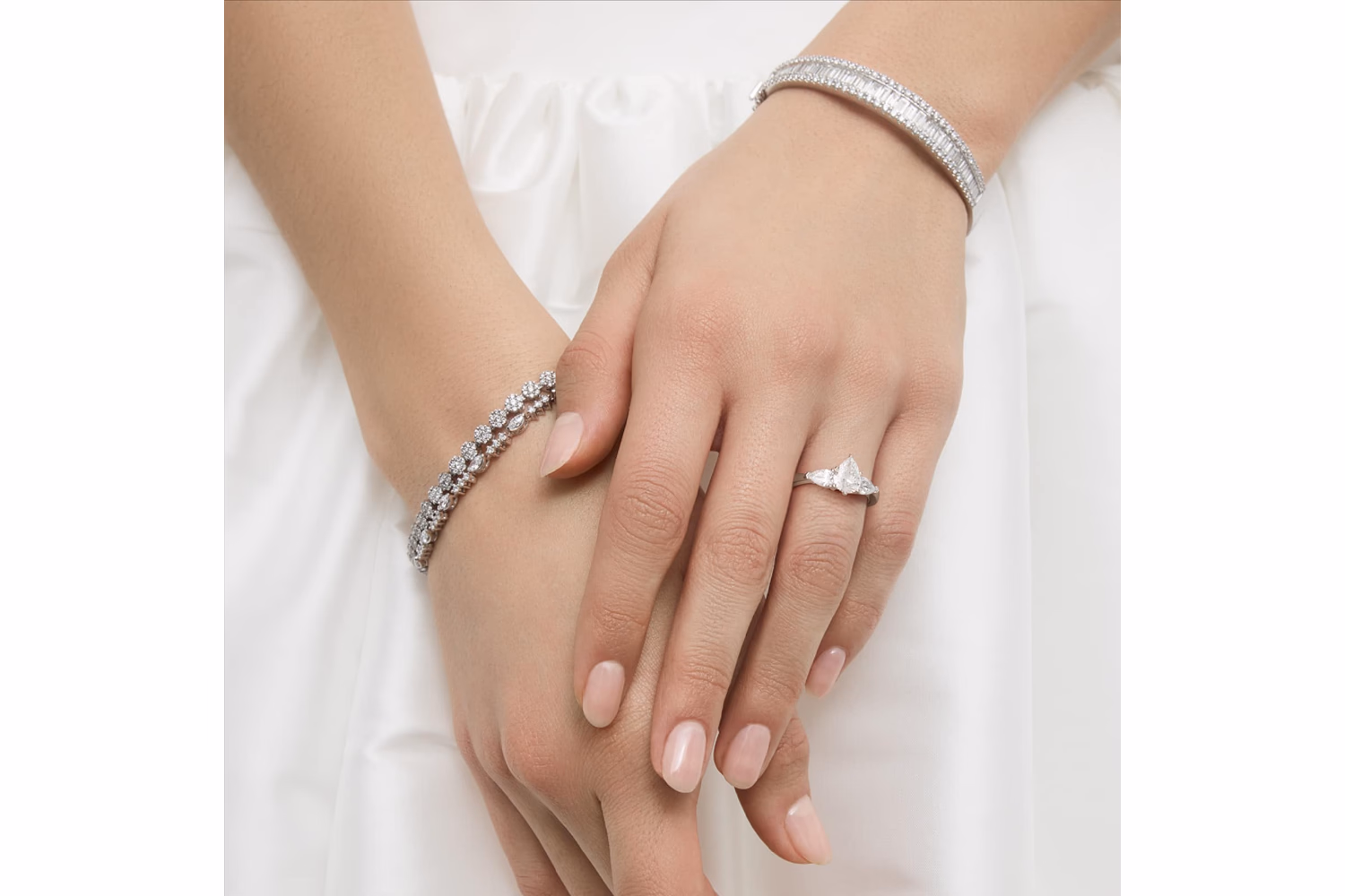 Three stone pear diamond ring white gold lifestyle view — Blue Nile