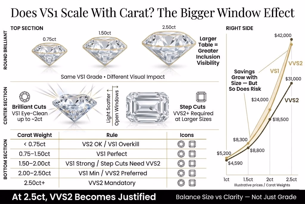 Premium infographic explaining how VS1 diamond clarity scales with carat weight, showing the bigger window effect where inclusions become more visible in larger stones and when VVS2 becomes necessary.