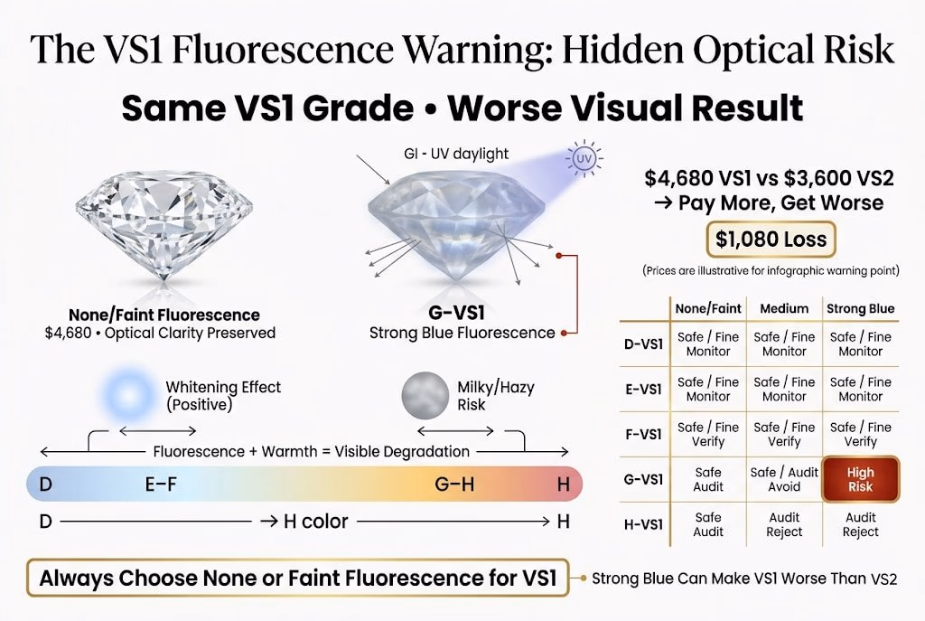 Premium infographic explaining the VS1 fluorescence risk, showing how strong blue fluorescence in G and H color diamonds can create a hazy appearance and make a VS1 look worse than a cheaper VS2.