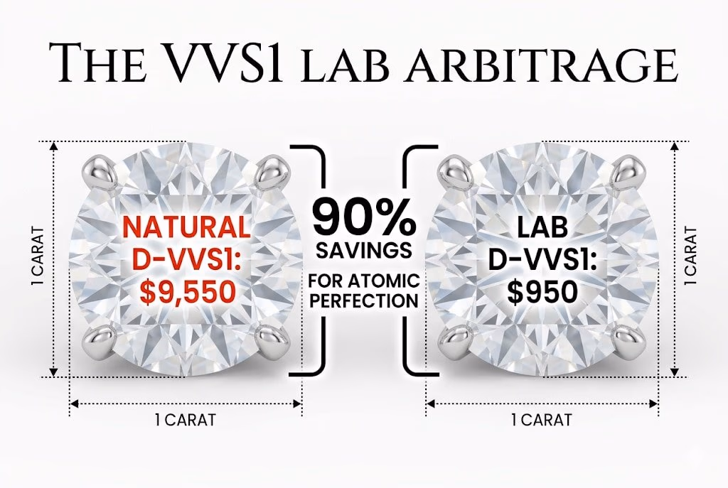 Vs1 Lab Grown Diamond Price Vs Natural Arbitrage A luxury white background infographic comparing a $9,550 natural VVS1 to a $950 lab grown VVS1, with Canela typography reading 'The VVS1 Lab Arbitrage' for a VVS1 diamond.