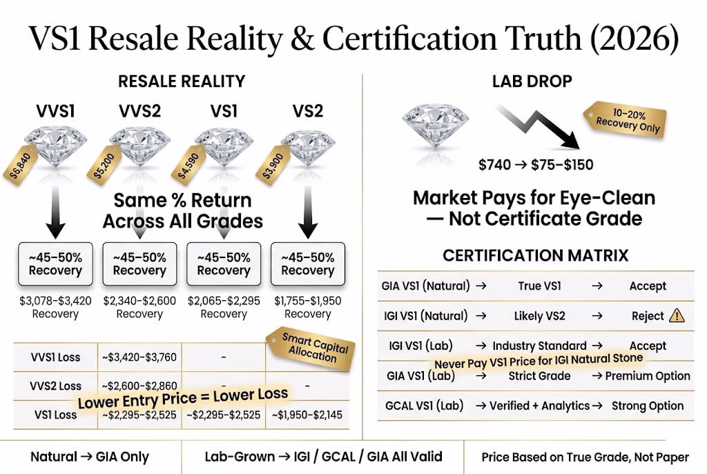Premium infographic showing VS1 diamond resale value compared to VVS and VS grades, demonstrating identical 45–50% recovery rates and highlighting certification differences between GIA and IGI for natural and lab diamonds.