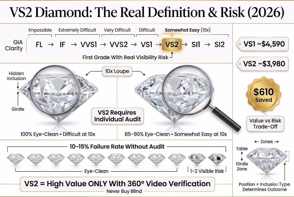 Alt text: Premium infographic explaining what a VS2 diamond is, showing its position on the GIA clarity scale, comparison with VS1, and highlighting the 85–90% eye-clean rate with a 10–15% risk of visible inclusions.