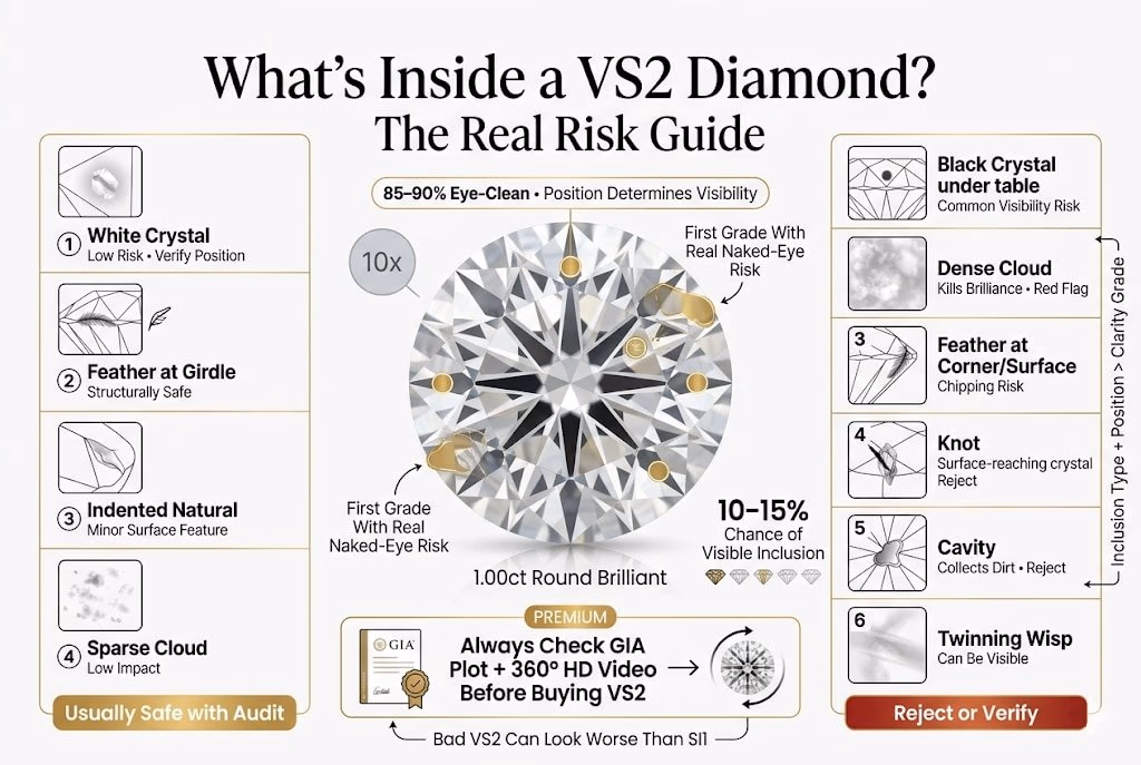 High-end infographic showing the types of inclusions found in VS2 diamonds, including crystals, feathers, clouds, knots, and cavities, highlighting which are safe and which can cause visible flaws or should be rejected.