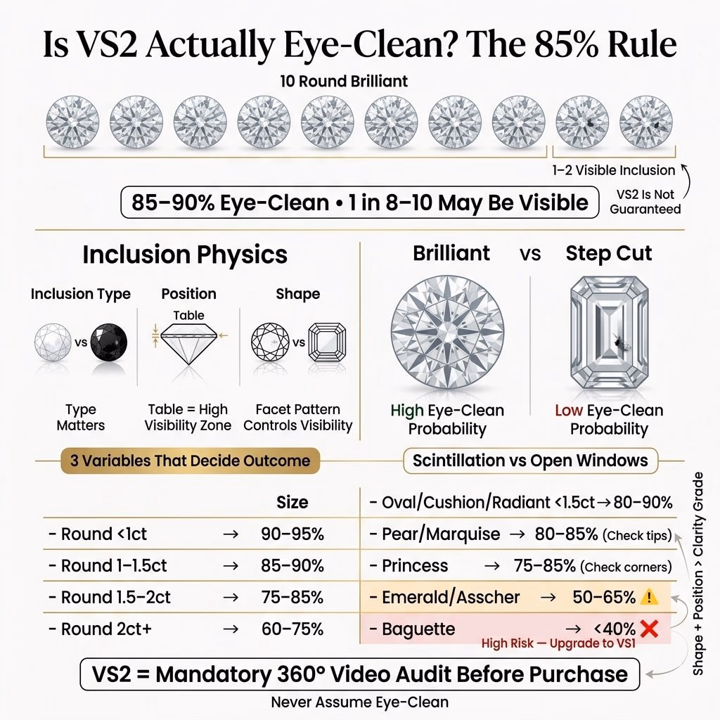 Premium infographic explaining the VS2 eye-clean rule, showing that 85–90% of VS2 diamonds appear clean while 1 in 8 to 1 in 10 may have visible inclusions, with breakdown by shape, size, and inclusion factors.