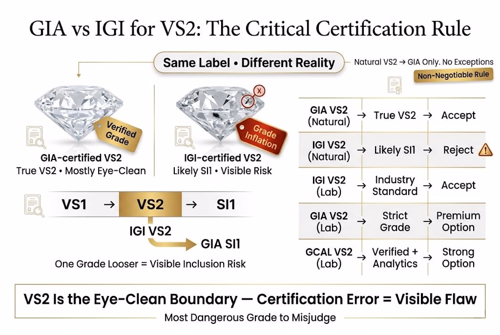 Premium infographic comparing GIA vs IGI certification for VS2 diamonds, showing how IGI VS2 natural stones may actually be SI1 with visible inclusions and emphasizing the rule to only buy GIA-certified natural VS2 diamonds.