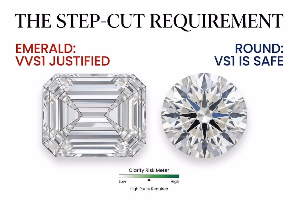 Vvs1 Diamond Emerald Step Cut Clarity Requirement White background visual guide comparing an Emerald cut requiring VVS1 to a Round cut, with Canela typography reading 'The Step-Cut Requirement' for a VVS1 diamond.