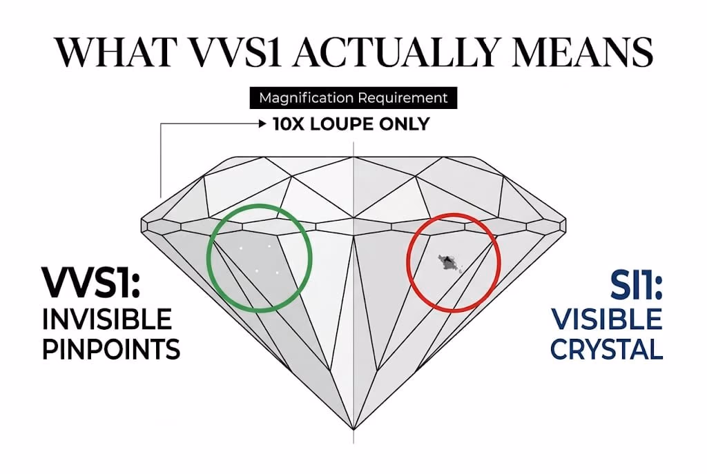 Vvs1 Diamond Inclusions Pinpoints Needles Vs Si1 Crystals White background visual guide comparing microscopic VVS1 pinpoints to an SI1 crystal, with Canela typography reading 'What VVS1 Actually Means' explaining VVS1 diamond inclusions.