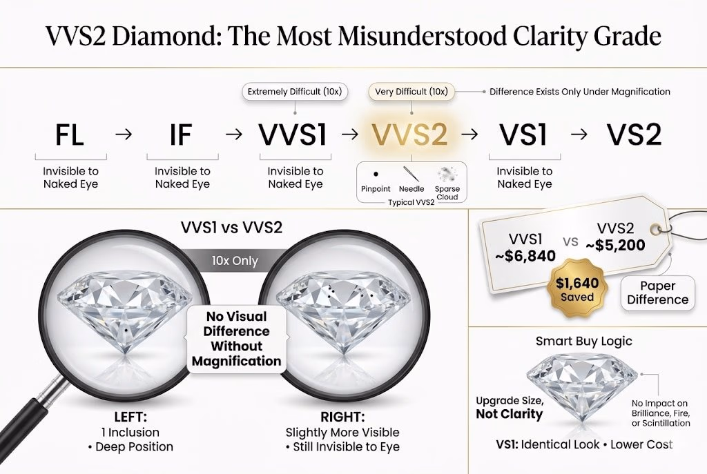 Vvs2 Diamond Clarity Explained 2026 Infographic Luxury infographic explaining what a VVS2 diamond is, showing its position on the GIA clarity scale, comparison with VVS1, and highlighting the $1,640 price difference despite no visible change to the naked eye.