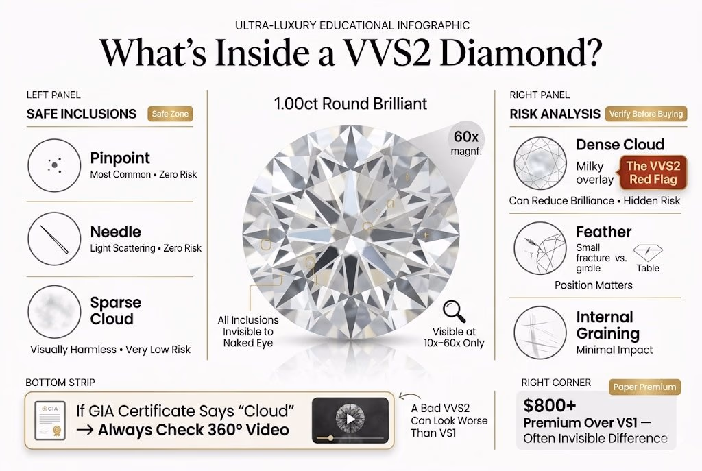 Vvs2 Diamond Inclusions Glossary 2026 High-end infographic showing the types of inclusions inside a VVS2 diamond, including pinpoint, needle, cloud, feather, and internal graining, highlighting that most are invisible except dense clouds which can reduce brilliance.