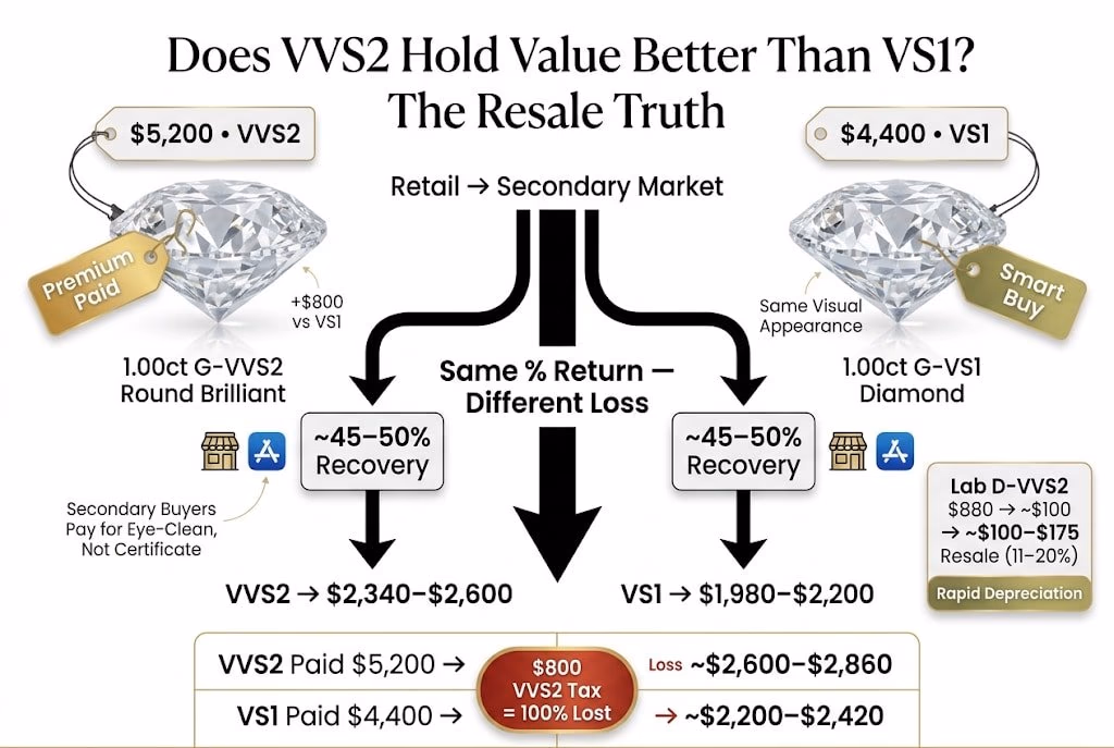 Vvs2 Vs Vs1 Resale Value Truth 2026 High-end infographic showing that VVS2 diamonds do not hold value better than VS1, with both reselling at 45–50% of retail and the $800 VVS2 premium being completely lost.