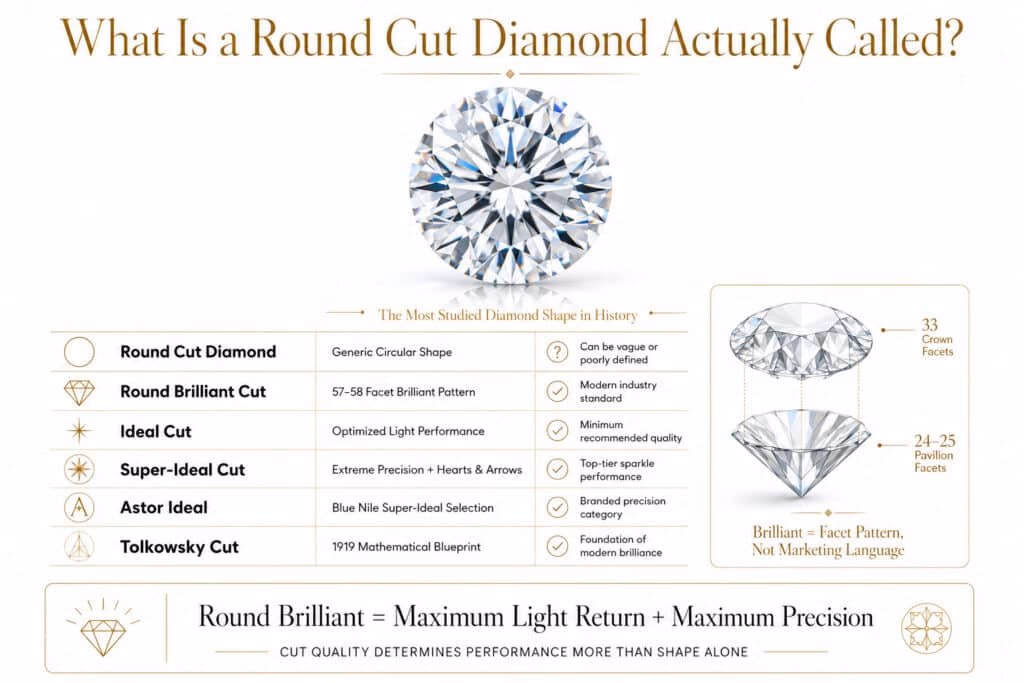 Luxury editorial infographic explaining round brilliant cut diamond terminology including ideal cut super ideal Astor Ideal and Tolkowsky cut with clean white background and gold accents