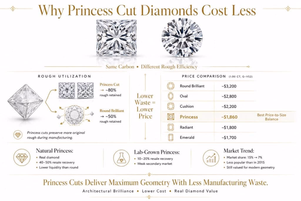 Ultra-luxury editorial infographic comparing princess cut and round brilliant diamond pricing, showing rough diamond efficiency, manufacturing waste differences, and resale value on a clean white background with refined gold accents.