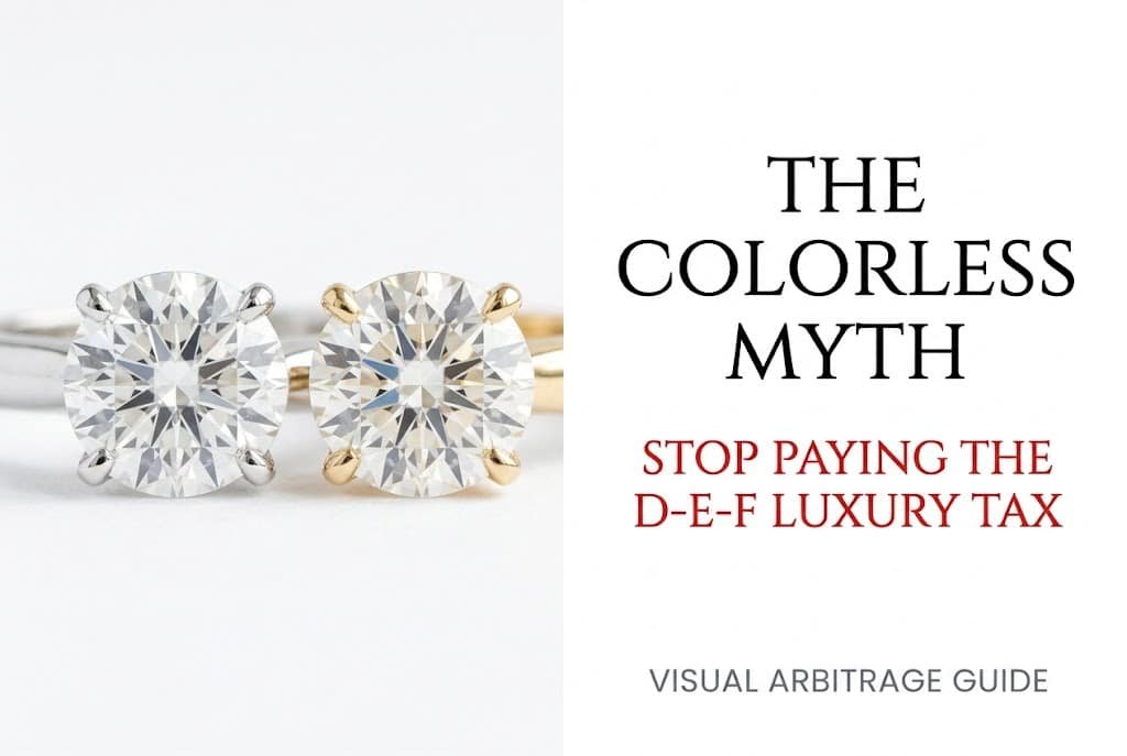 A minimalist white background graphic showing diamonds in platinum and yellow gold, with Canela typography reading 'The Colorless Myth: Stop Paying the D-E-F Luxury Tax' illustrating how to game the diamond color scale.