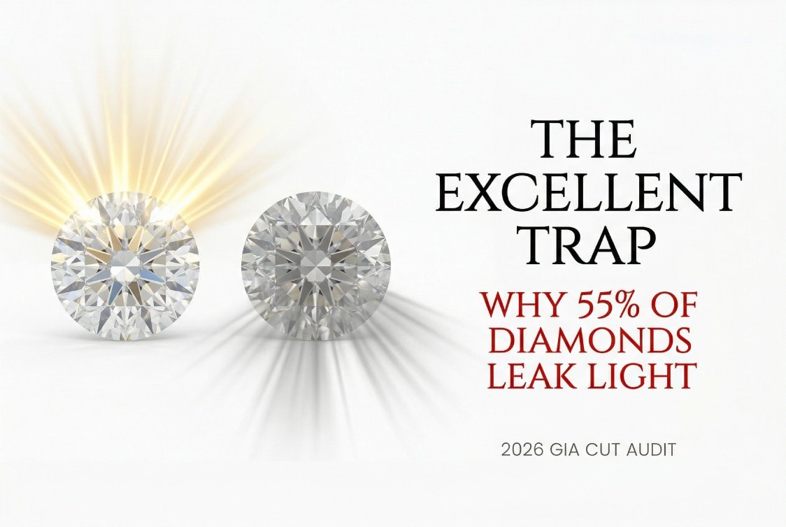 A minimalist white background graphic comparing perfect light return to light leakage in a diamond, featuring Canela typography reading 'The Excellent Trap: Why 55% of Diamonds Leak Light' for a 2026 diamond cut guide.