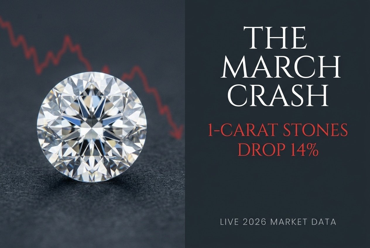Minimalist dark slate grey graphic showing a 1-carat round cut diamond and a downward red financial trend line, with bold Canela typography reading 'The March Crash: 1-Carat Stones Drop 14%,' representing the massive drop in diamond prices 2026.