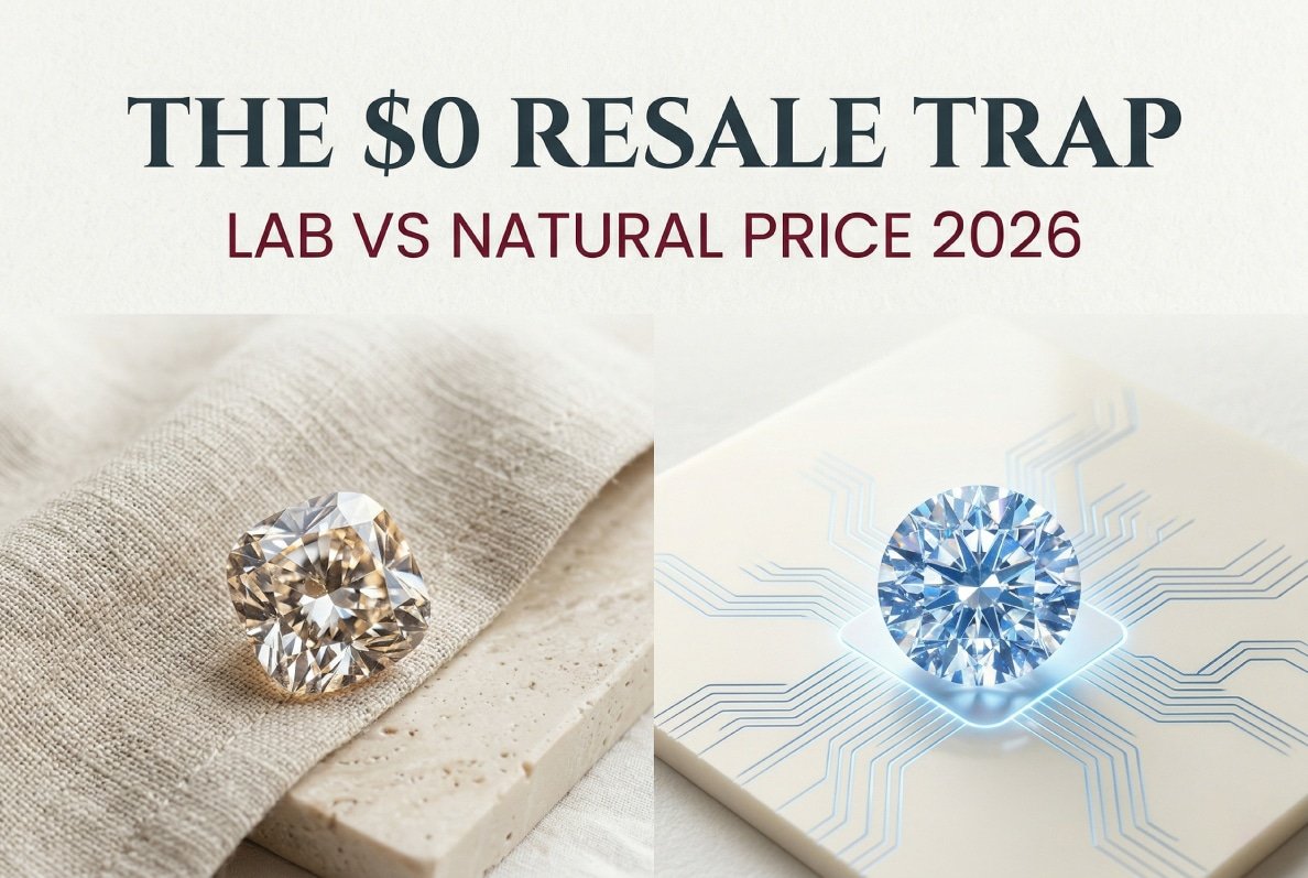 Minimalist graphic comparing a natural diamond on earth vs a lab-grown diamond on a circuit board, featuring Canela typography reading 'The $0 Resale Trap: Lab vs Natural Price 2026', representing the massive depreciation in the lab grown vs natural diamond price market.