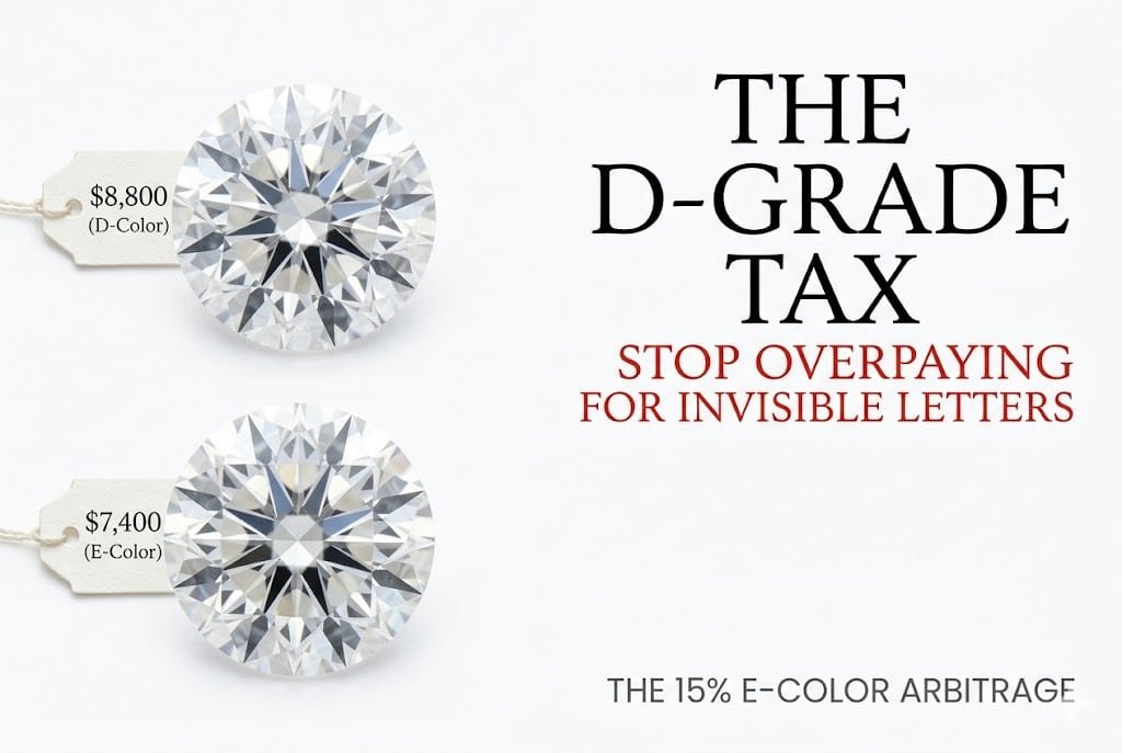 A minimalist white background graphic comparing the price of a D color and E color diamond, with Canela typography reading 'The D-Grade Tax: Stop Overpaying For Invisible Letters' for buying an E color diamond.