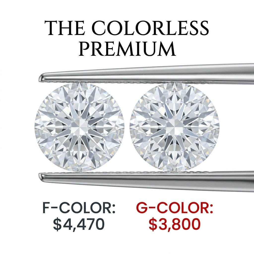 A hyper-realistic white background graphic comparing an F color diamond to a G color diamond in jeweler's tweezers, with Canela typography reading 'The Colorless Premium' to expose the F color diamond status trap.