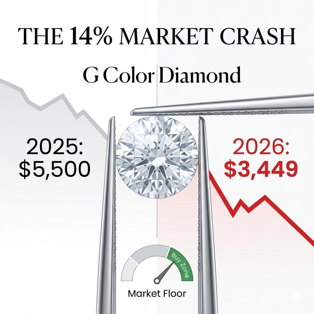 A hyper-realistic white background graphic comparing a $5,500 2025 diamond to a $3,449 2026 diamond in tweezers, with Canela typography reading 'The 14% Market Crash' to expose the G color diamond price drop.